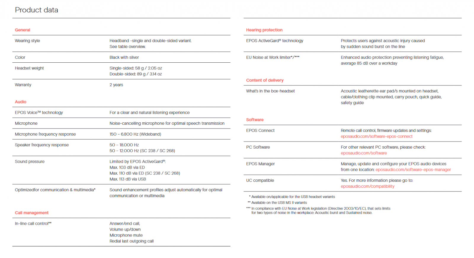 SC 200 series specifications